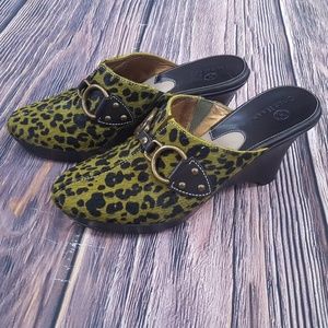 Cole Haan Calf Hair Mules, Green Leopard, Sz 6